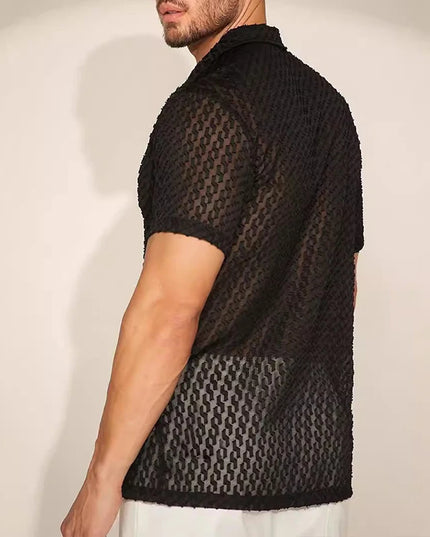 Men's Short Sleeve Mesh Lace Hollow Out Shirt