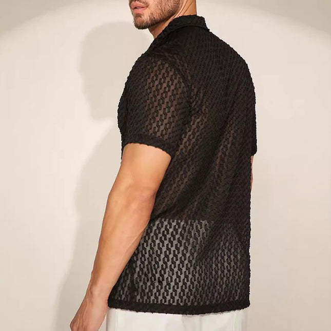 Men's Short Sleeve Mesh Lace Hollow Out Shirt