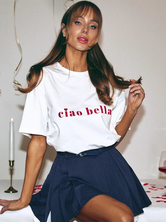 Women's "Ciao Bella" Printed Cotton T-Shirt - Loose Fit, Casual Style
