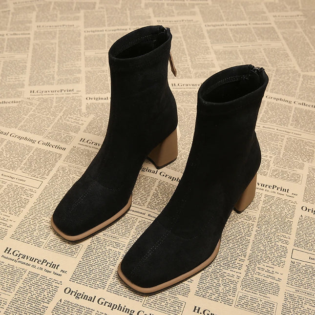 Women’s Ankle Boots with Zippers & Thick Heels