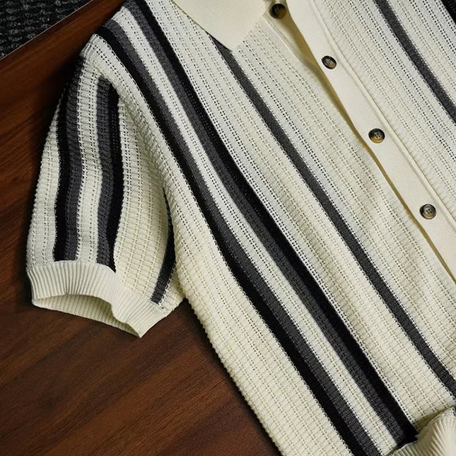 Men's Retro Style Striped Knit Polo Shirt - Casual Classic