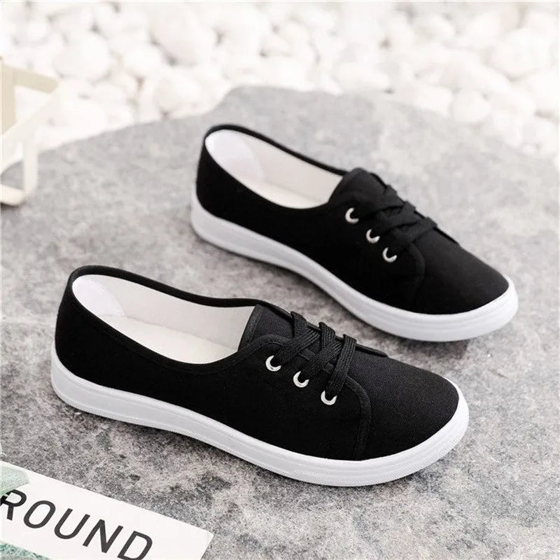Lady's Classic Round Toe Canvas Lace-Up Sneakers - Comfortable & Stylish Women's Casual Shoes