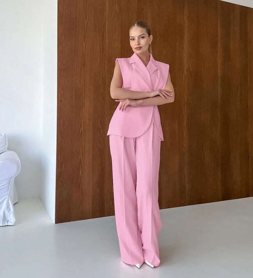 Women's Two-Piece Waistcoat and Wide-Leg Pants Set - Sleeveless Lapel Blazer Vest with Two Buttons