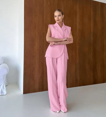 Women's Two-Piece Waistcoat and Wide-Leg Pants Set - Sleeveless Lapel Blazer Vest with Two Buttons