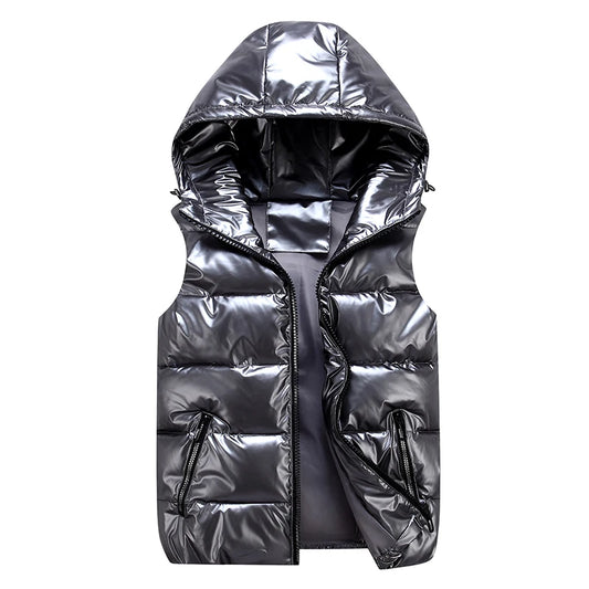 Men's Glossy Hooded Vest Jacket with Zipper Pockets - Classic Fit