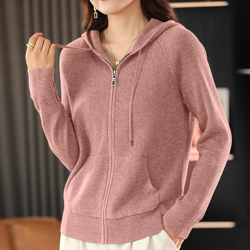 Women's Wool Blend Hoodie Sweater - Thick Knitted Zipper Cardigan with Hood