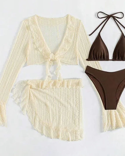 Women's Four-Piece Long-Sleeve Cover-Up Swimwear Set - Stylish Bikini & Beach Cover-Up