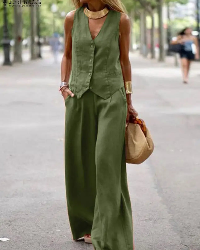 Womens Two Piece Sleeveless Vest Shirt and Trousers - Matching Set