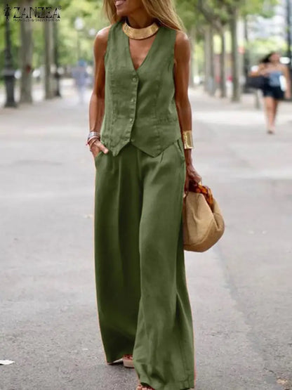 Womens Two Piece Sleeveless Vest Shirt and Trousers - Matching Set