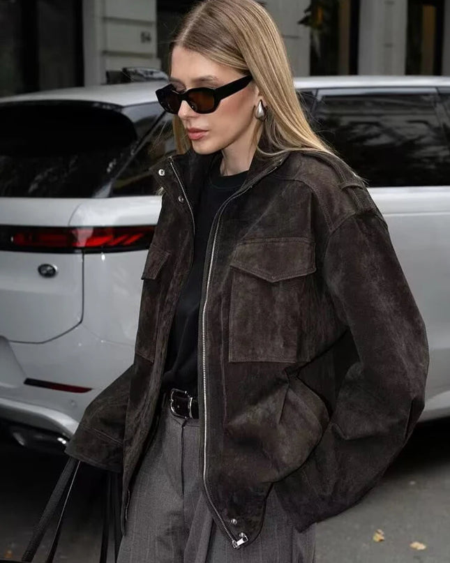 Women's Faux Suede Zipper Jacket - Loose Fit, Chic and Stylish