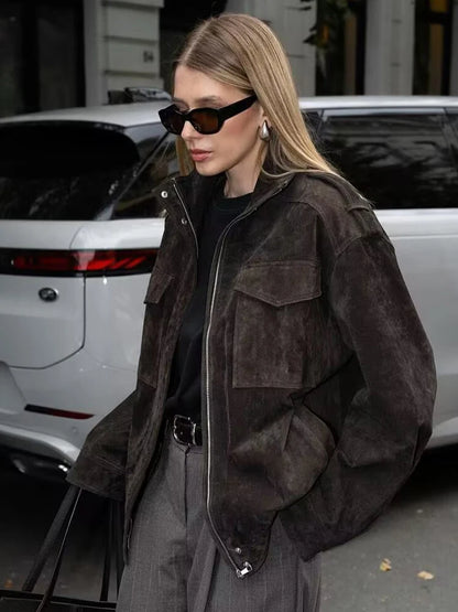 Women's Faux Suede Zipper Jacket - Loose Fit, Chic and Stylish