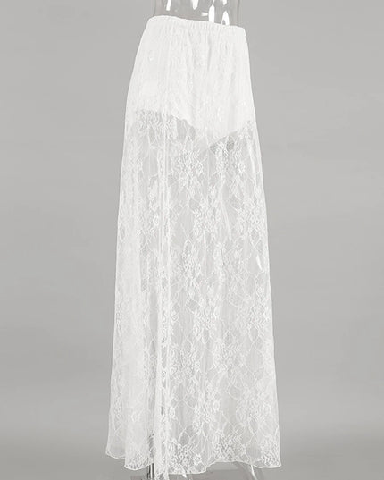 Elegant Jacquard Lace Sheer Maxi Skirt for Women with Elastic Waist and Transparent Design