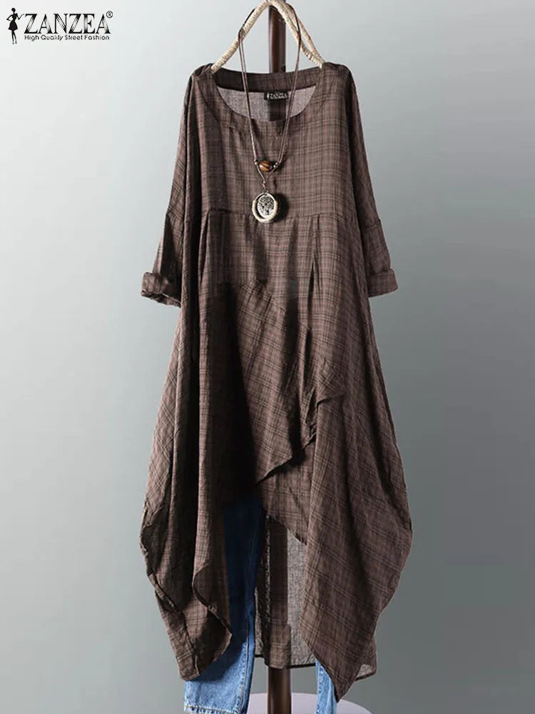 Zanzea Vintage Plaid Midi Dress - Long Sleeve - Women's Casual Dress
