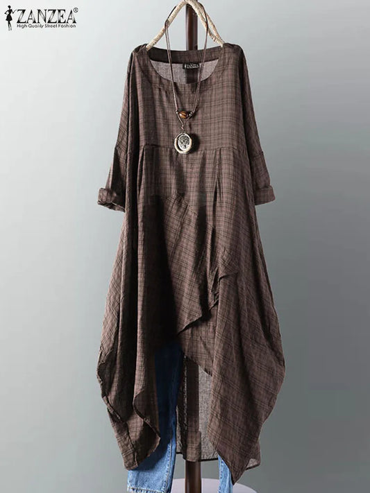 Zanzea Vintage Plaid Midi Dress - Long Sleeve - Women's Casual Dress