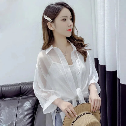 Women’s Casual Loose Tied Waist Half-Sleeve Blouse