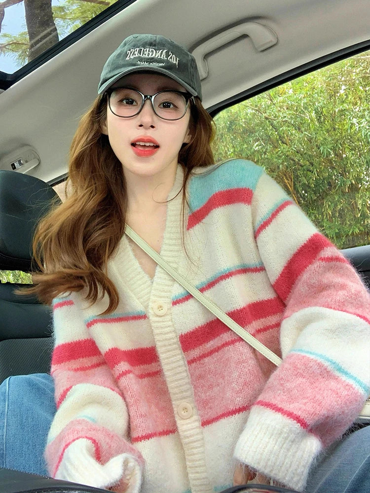 Women's Sweet Striped Knitted Cardigan Sweater