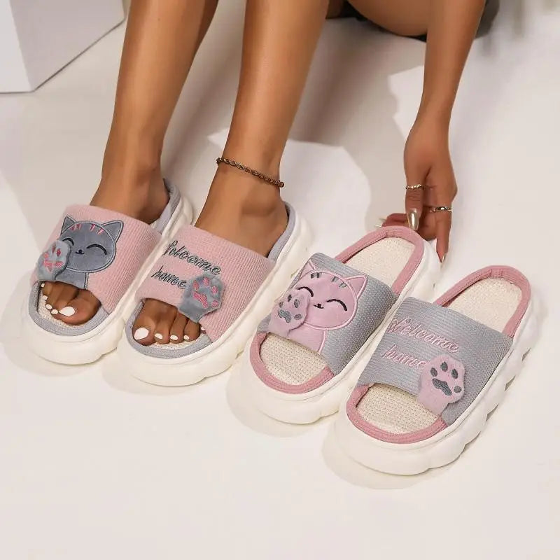 Casual Women's Slippers with Cartoon Cat Design