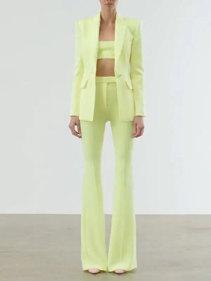 Women's Two-Piece Blazer and Flare Pants Set with Single Button Detail