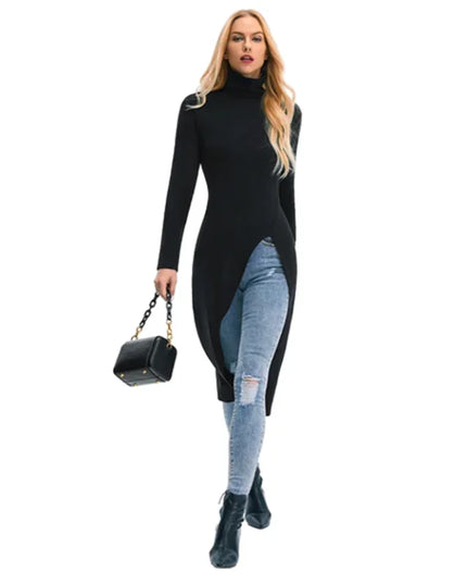 Women's Skinny Fit High-Neck Sweater Dress with Side Slits