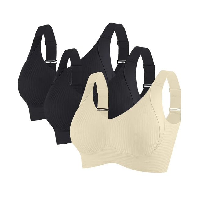 3-Piece Women's Non-Wire Push-Up Bra Set with Seamless Ribbed Design