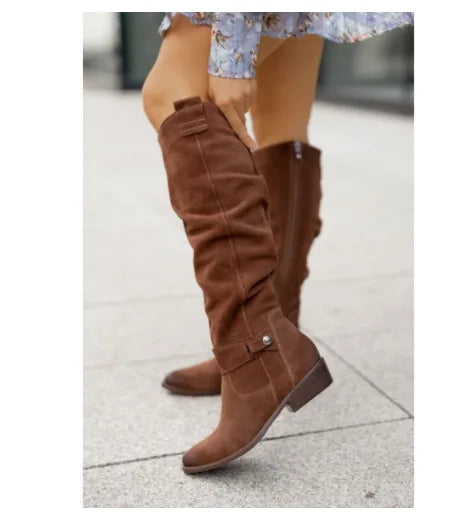 Women's Long Suede Boots with Low Heel and Side Zip - Stylish & Comfortable Footwear