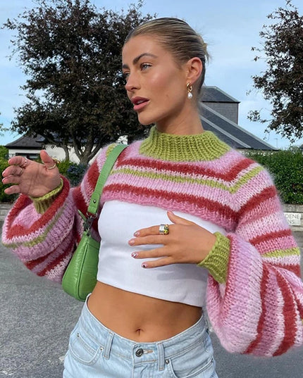 Women's Striped Knitted Crop Top - Chic Sweater Style