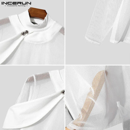 INCERUN Men's Mesh Splicing High Neck Sweater - Thin & Textured Knitwear