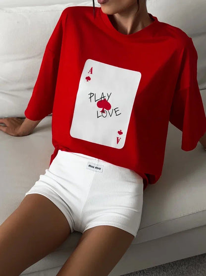 Women's Cotton Poker Card Print T-Shirt - Loose Fit, Casual Short Sleeve Tee for Women