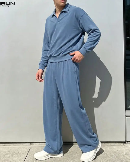 INCERUN Men’s Two-Piece Set with Long-Sleeve Sweatshirt and Wide-Leg Pants