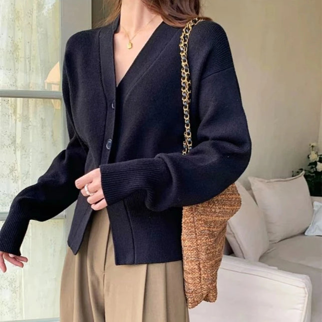 Women's Knitted V-Neck Cardigans with Slim Fit & Button Design