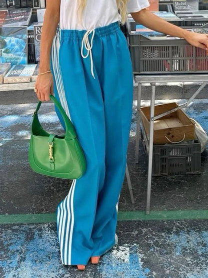 Women's Wide Leg Track Pants - Baggy Side Striped Sweatpants with Elastic Waistband