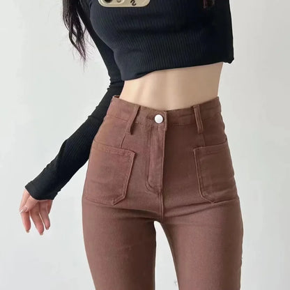 Women Flared Jeans Loose Denim Pants  - Straight High Waist Design