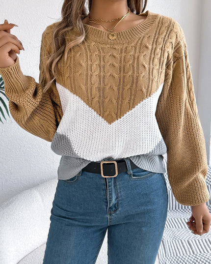 Multi-coloured Patchwork Long Sleeve Knitted Sweater for Women