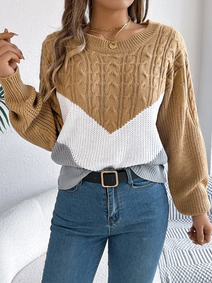 Multi-coloured Patchwork Long Sleeve Knitted Sweater for Women