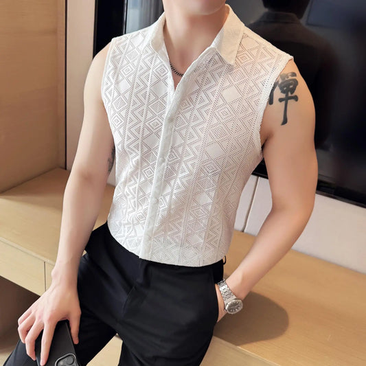 Men's Slim Fit Sleeveless Vest Shirt with Hollowed-Out Design