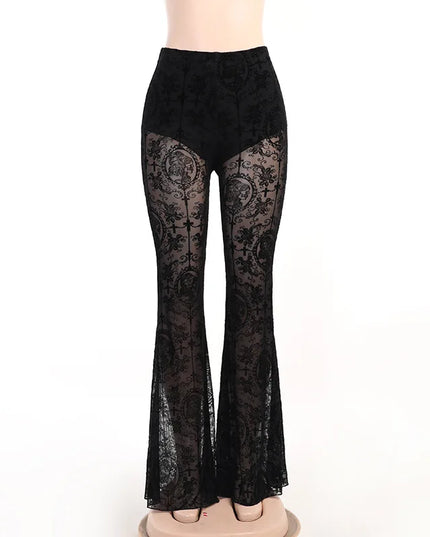 Vintage Flocking Flare Pants for Women - Grunge Style See-Through Mesh High Waist Slim Fit Pants