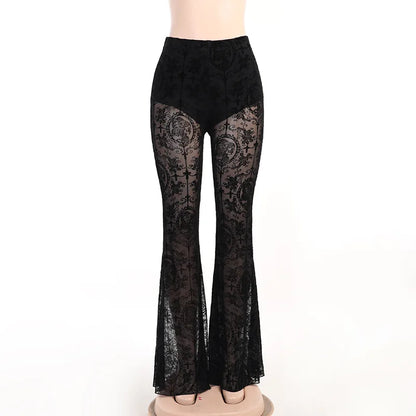 Vintage Flocking Flare Pants for Women - Grunge Style See-Through Mesh High Waist Slim Fit Pants