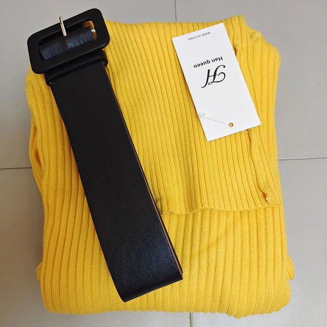 Han Queen Women's Knitted Turtleneck Bodycon Dress with Belt