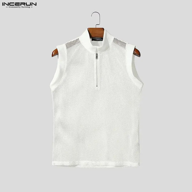 Incerun Men's Hollow Out See-Through Tank Top with Zipper