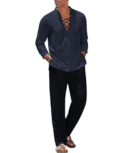 Two Piece Men's Cotton Linen Shirt and Pants Set