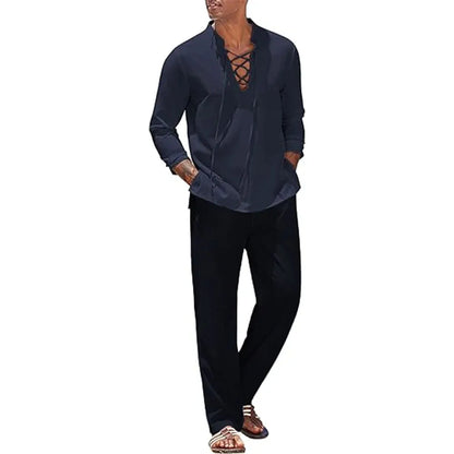 Two Piece Men's Cotton Linen Shirt and Pants Set