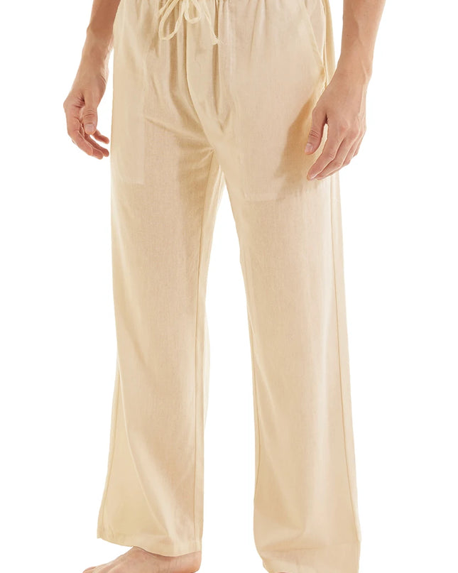 Men's Casual Linen Cotton  Pants Breathable Loos Elastic Waist