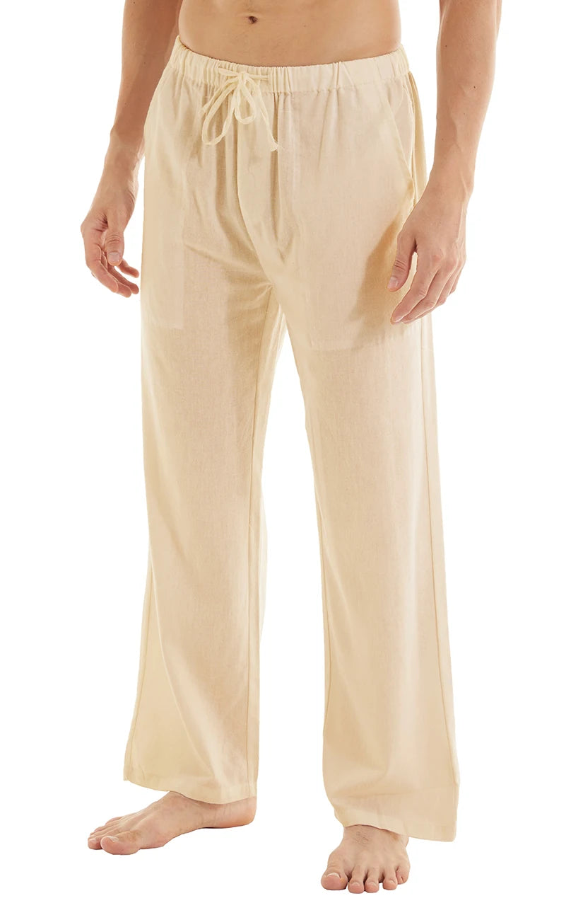 Men's Casual Linen Cotton  Pants Breathable Loos Elastic Waist