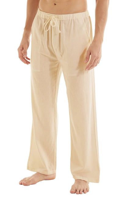Men's Casual Linen Cotton  Pants Breathable Loos Elastic Waist