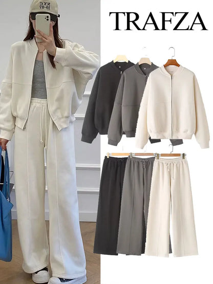 TRAFZA Women's 2-Piece Retro Zipper Jacket & High-Waisted Lace-Up Loose Pants Set
