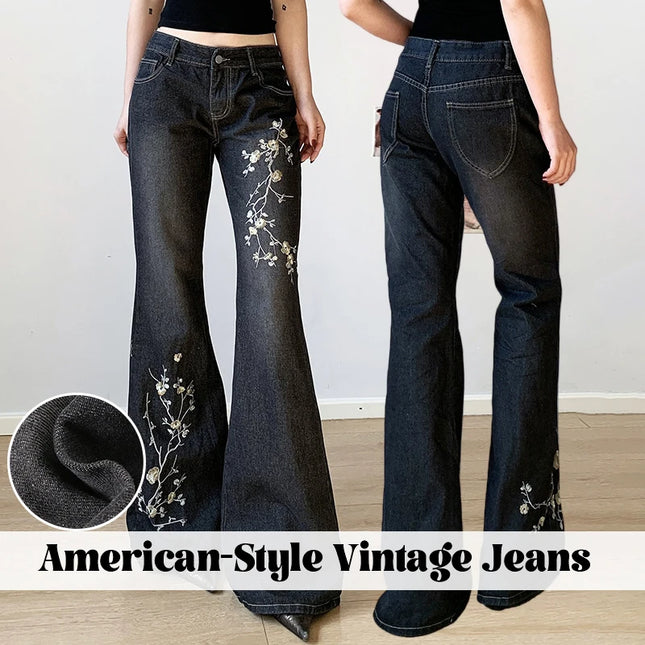 Women's Floral Embroidered Flared Jeans with Low Rise