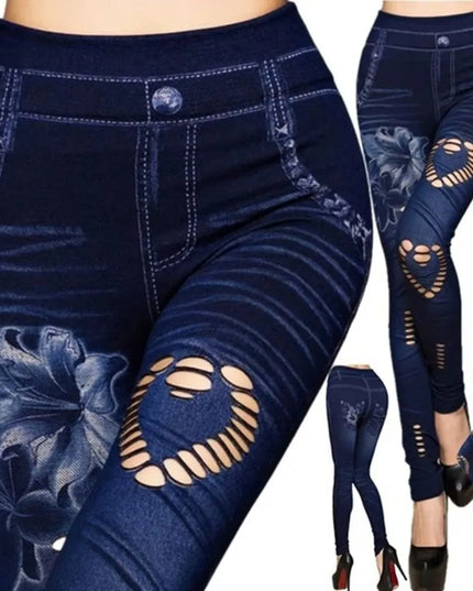 High-Waisted Women's Slim-Fit Faux Denim Pants with Heart and Flower Pattern
