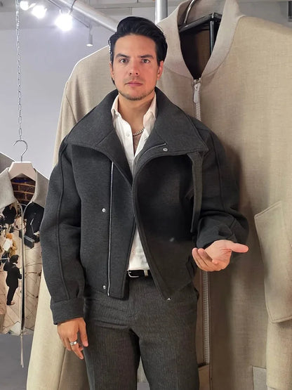 Men's Oversized Stand Collar Jacket with Asymmetric Zip