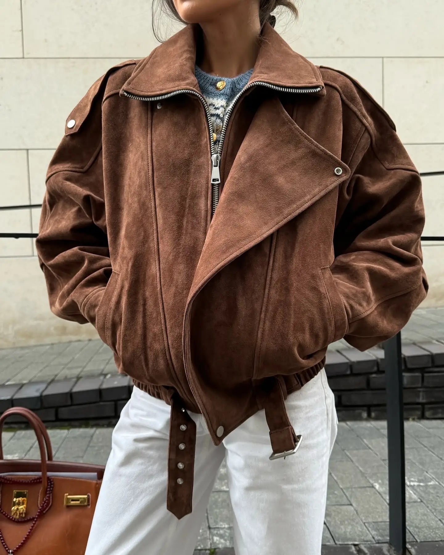 Women's Faux Suede Cropped Jacket with Vintage Lapel & Zipper