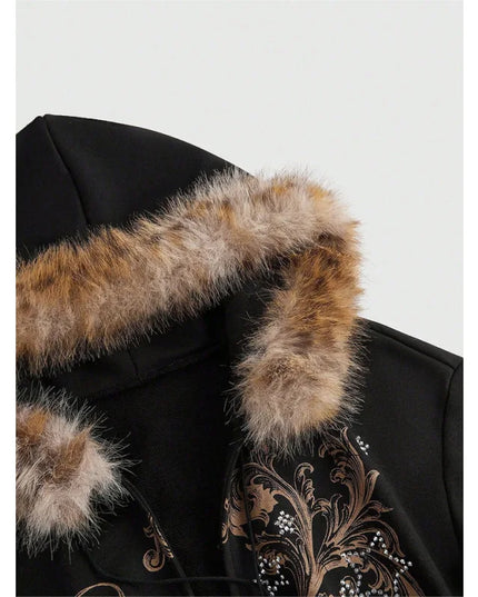 Gothic Print Women's Faux Fur Crop Zip-Up Hoodie Jacket